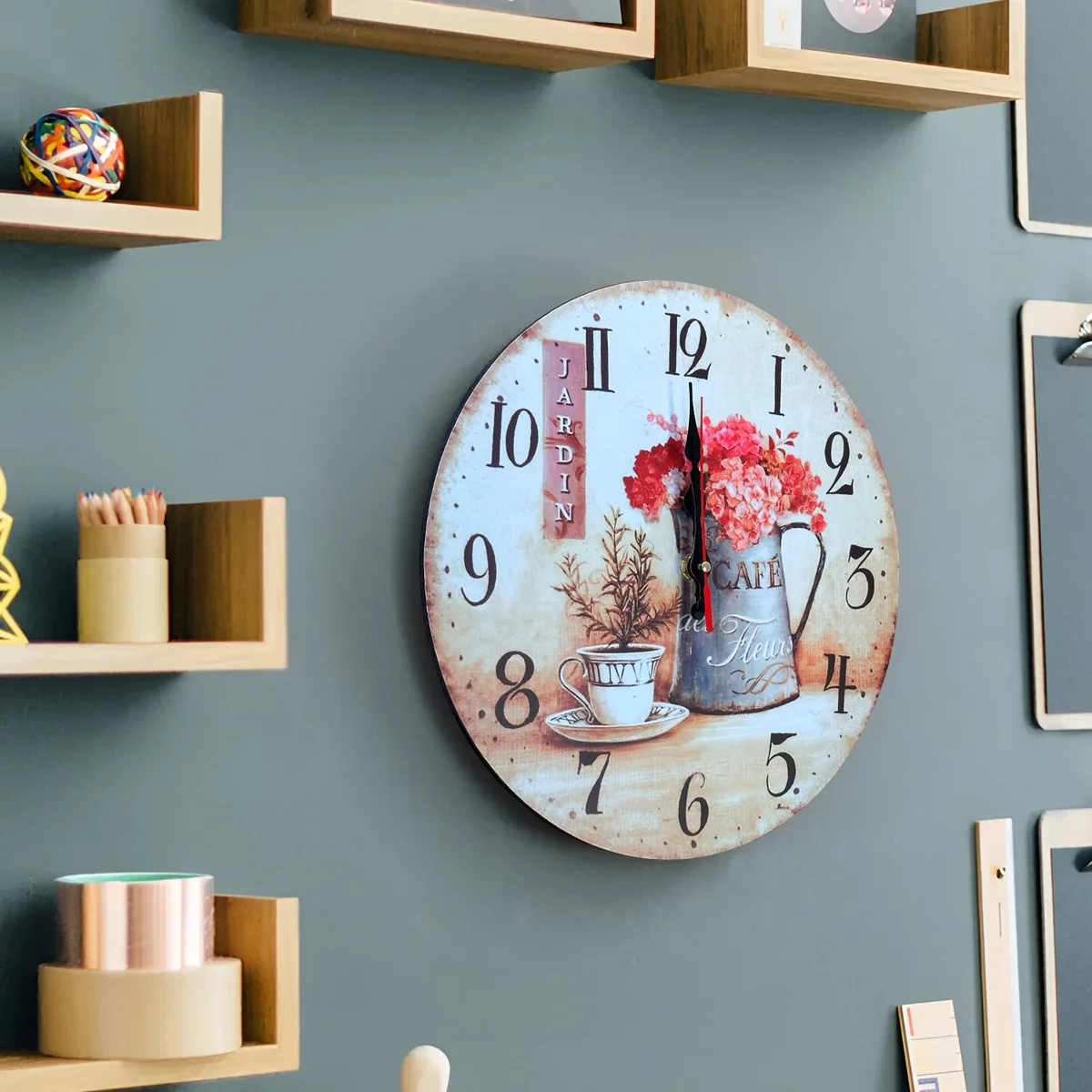 Round floral wall clock with cafe cup design, vintage shabby chic style, large numbers, MDF material, 30cm diameter