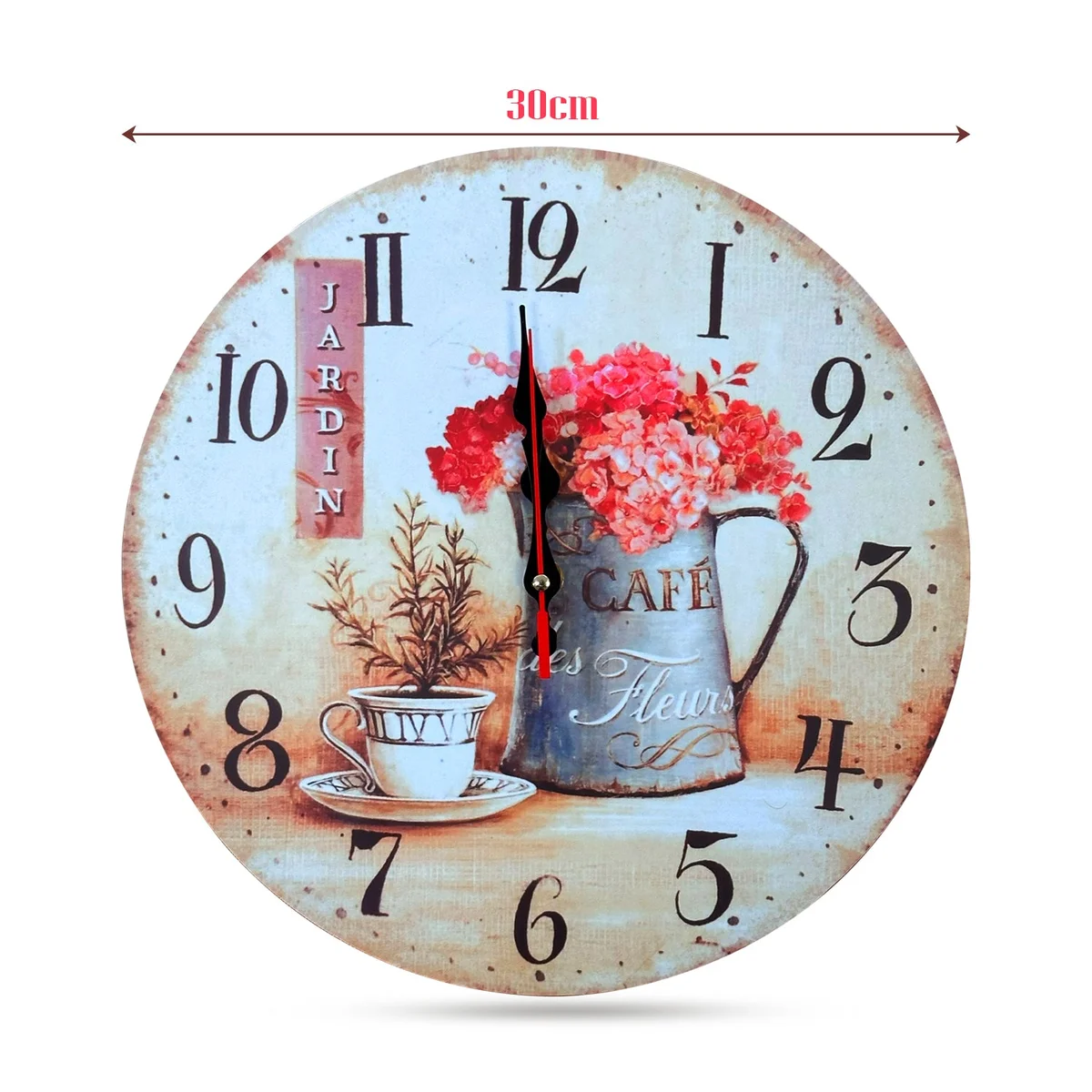 Round shabby chic wall clock with cafe cup and floral design, battery operated clock with clear analog numbers on MDF.