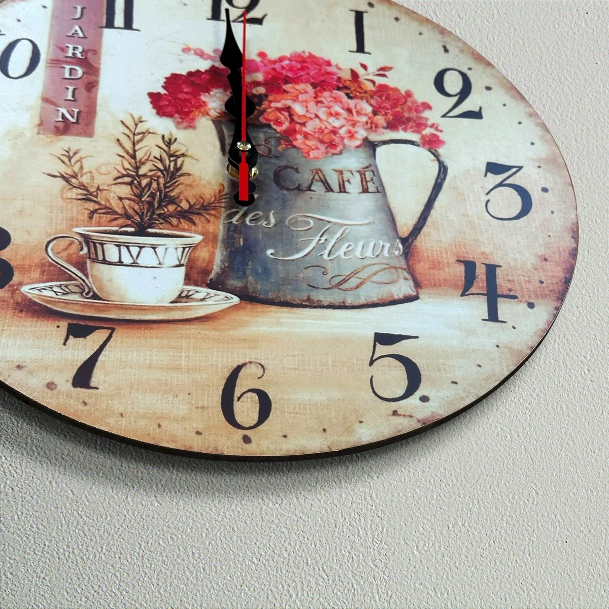 Round shabby chic wall clock with cafe cup and floral design on MDF, featuring large numbers and no glass cover