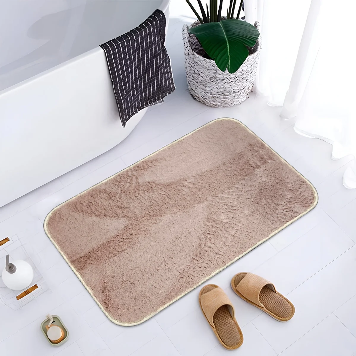 Rectangular fluffy soft grey non-slip doormat made of microfiber on wooden floor in modern hallway setting