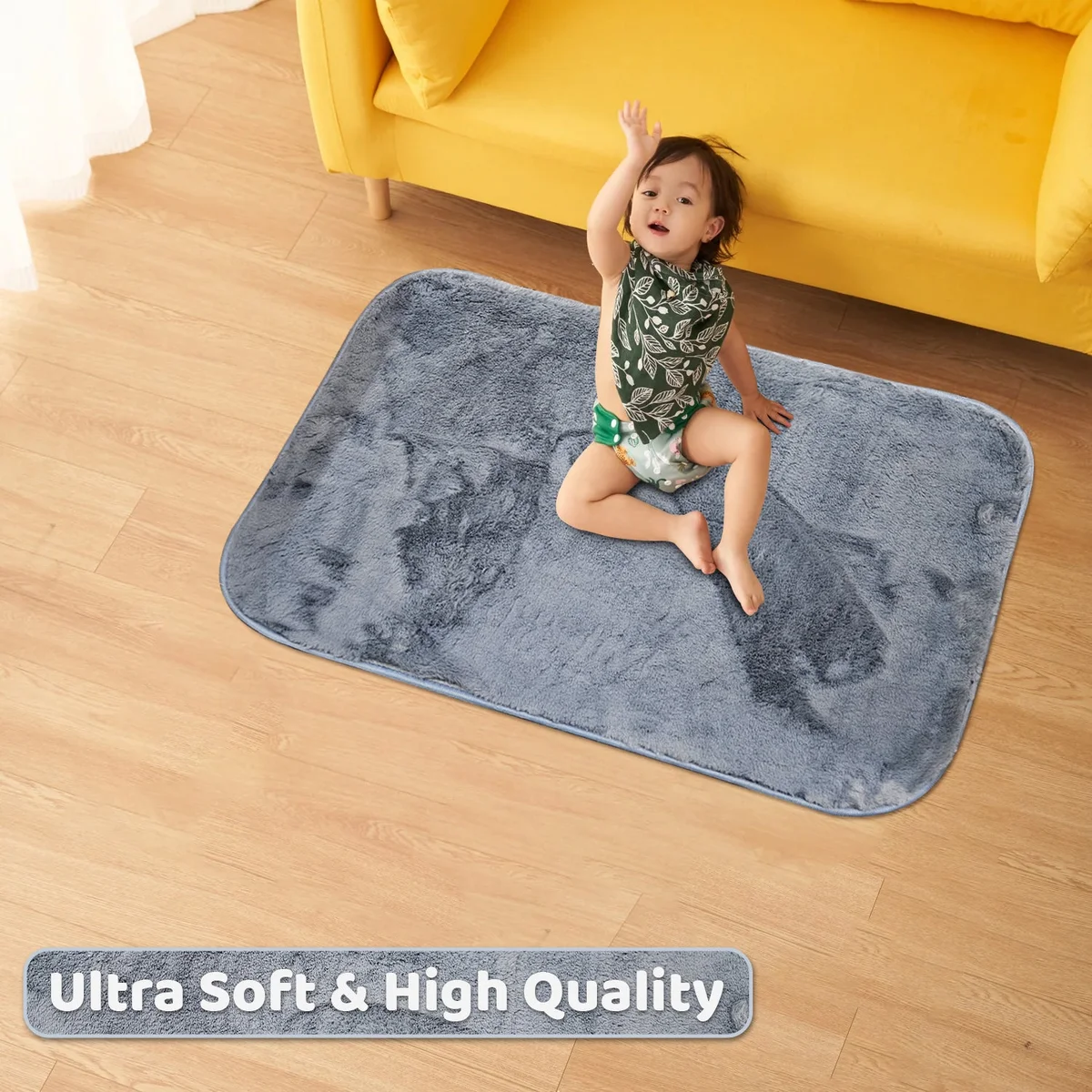 Rectangular fluffy soft microfiber indoor outdoor doormat with non-slip backing on wooden floor in modern home hallway