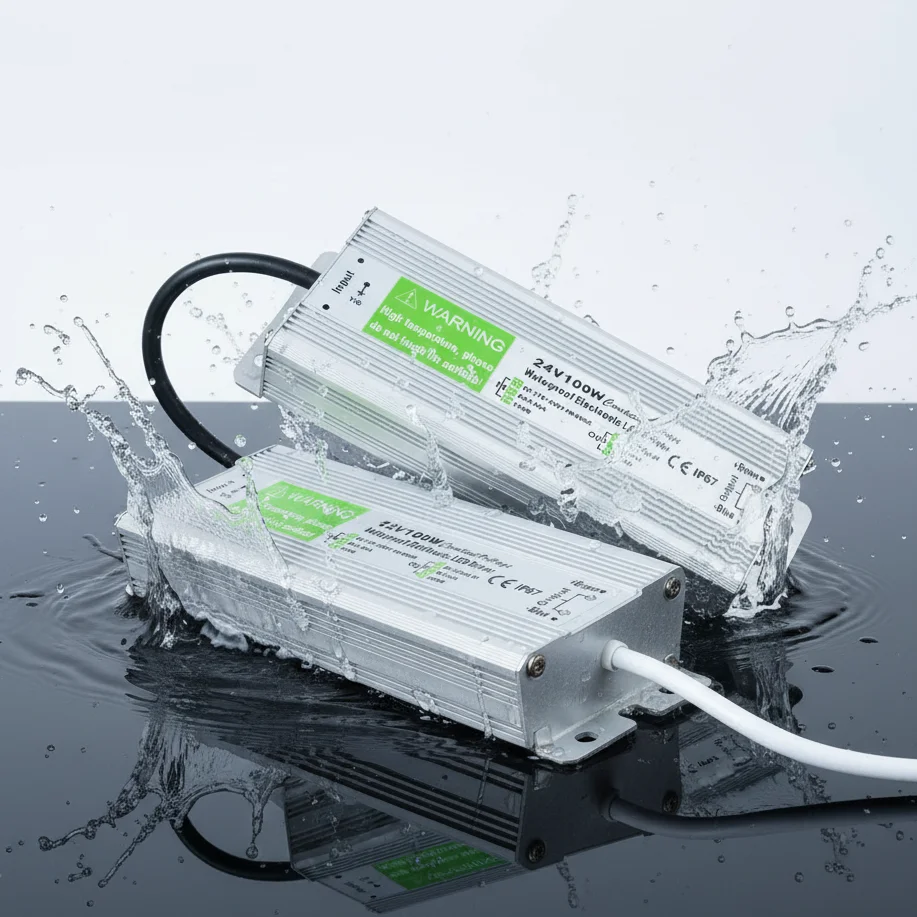 IP67 waterproof LED driver in aluminum casing with rubber-sealed cables, 12V 100W DC power supply transformer