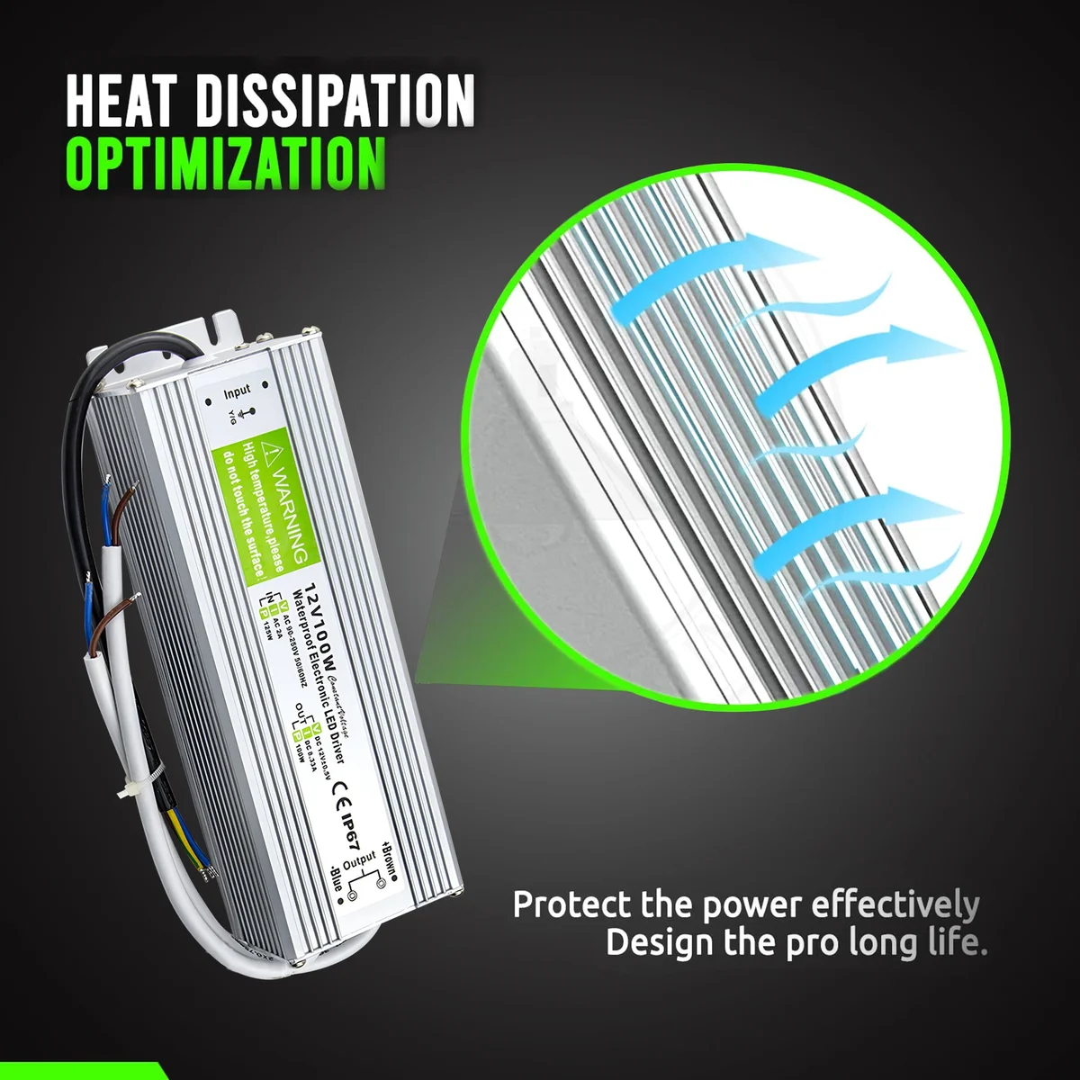 IP67 waterproof outdoor LED power supply with aluminum casing, rubber-sealed cables, and 12V 100W output transformer