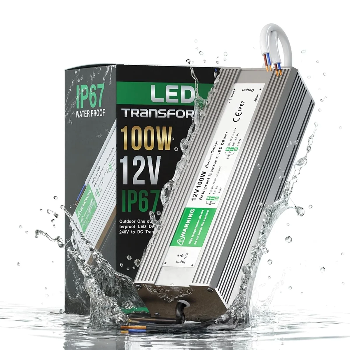 Aluminum IP67 waterproof constant voltage transformer with 12V DC output and rubber-sealed cables for LED lighting