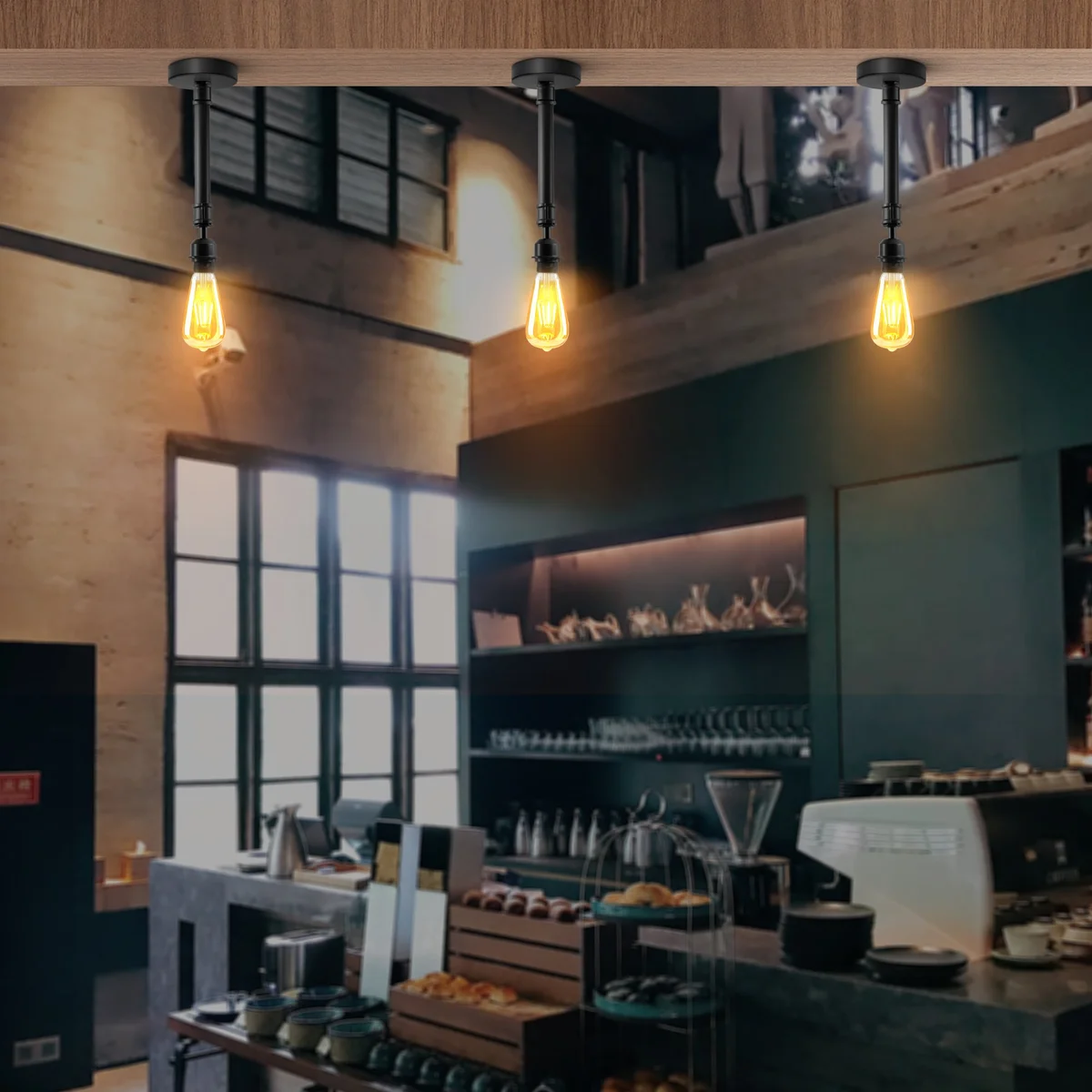 Black industrial semi flush ceiling light with E27 holder and vintage pipe design in metal finish mounted on ceiling
