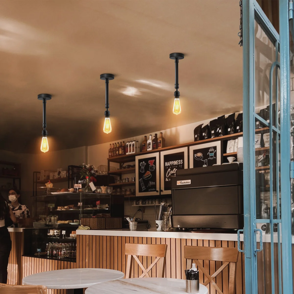 Black vintage industrial semi-flush dimmable ceiling light with E27 holder and metal pipe design against white background