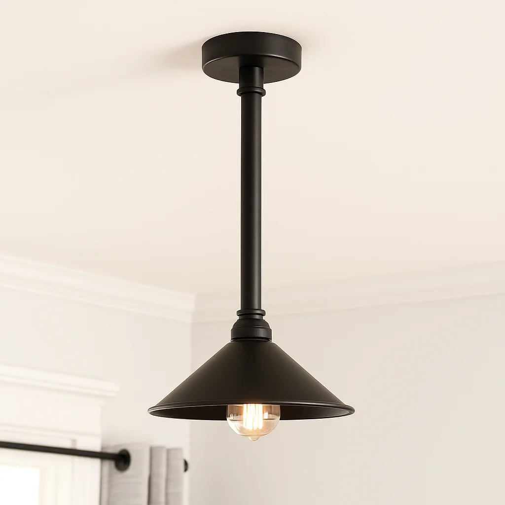 Vintage industrial ceiling light with long black metal pipe and classic cone shade hanging from ceiling mount