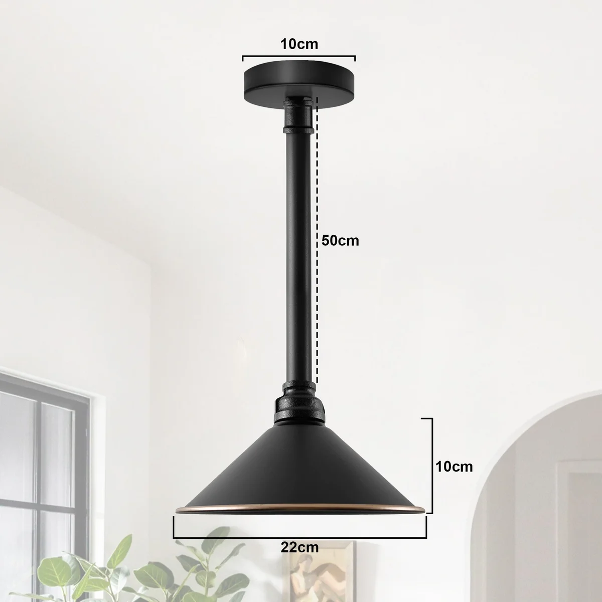 Black metal pendant light with vintage industrial long pipe and classic cone shade ceiling fixture