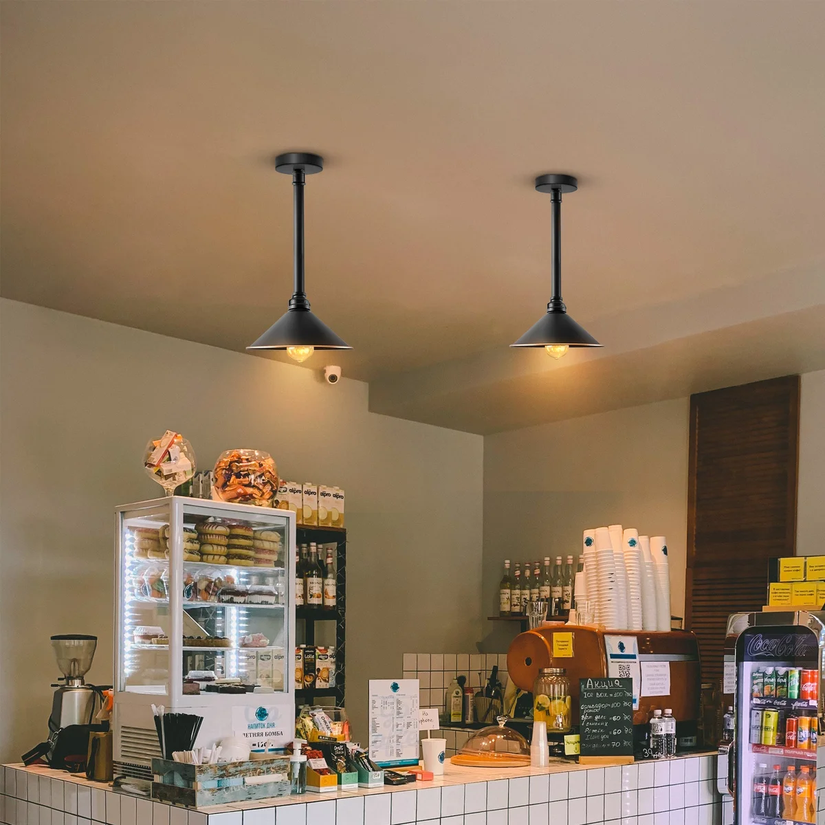 Black vintage industrial long pipe ceiling pendant with cone shade and E27 bulb holder, metal construction, dimmable design