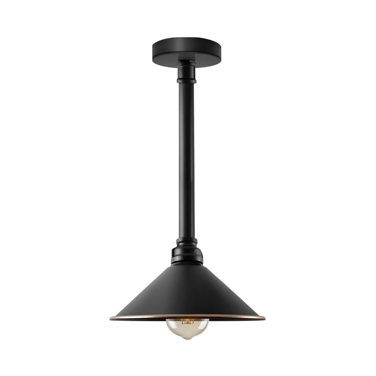 Black vintage dimmable industrial light with long pipe and cone shade, ceiling-mounted with E27 bulb holder