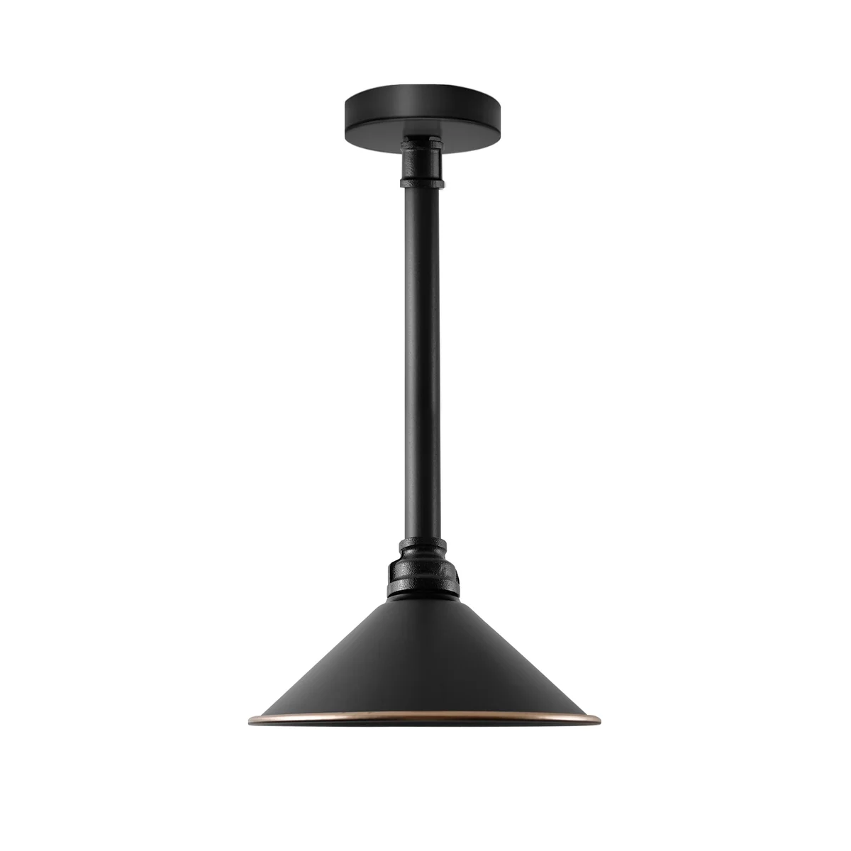 Black vintage industrial ceiling light with long pipe and cone shade, ceiling mounted with E27 bulb holder, metal finish