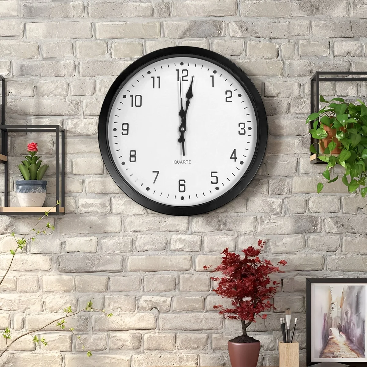 Modern wall clock with black plastic round frame, large white analog numbers, and high-contrast black and white face, 35cm diameter