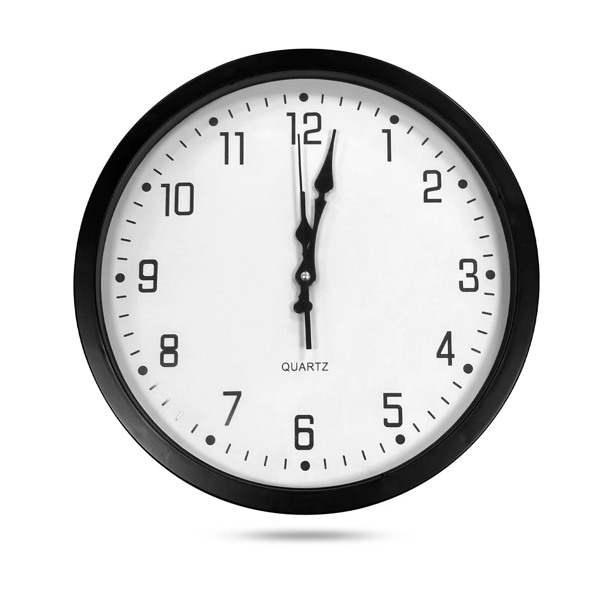 Modern round black and white battery operated clock with large analog numbers on a clean plastic frame wall display