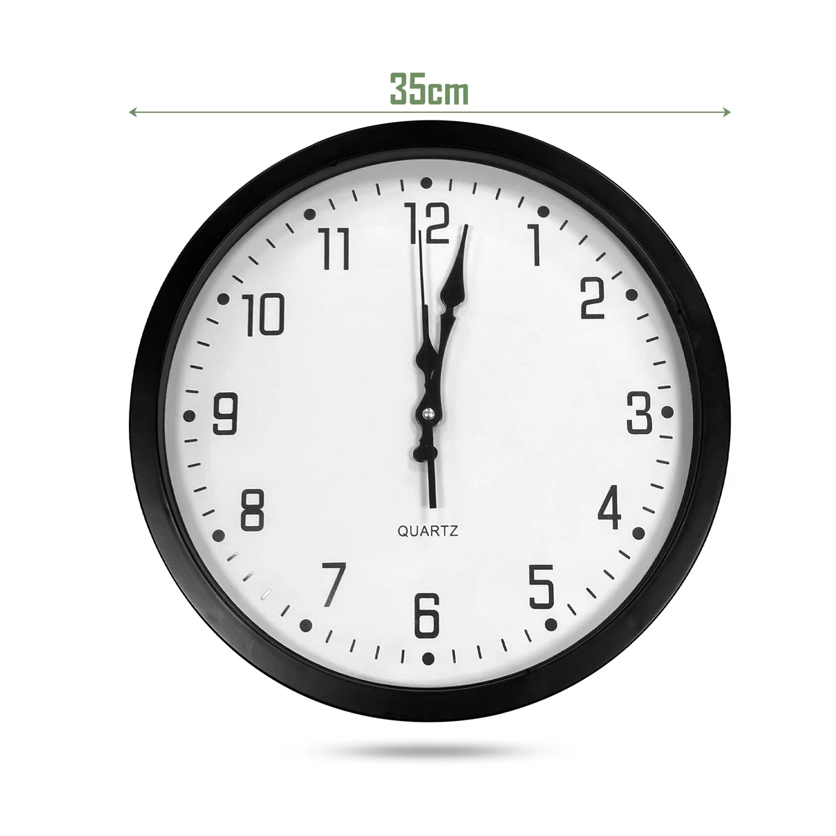 Modern black and white clock with large analog numbers and round plastic frame on a plain white background