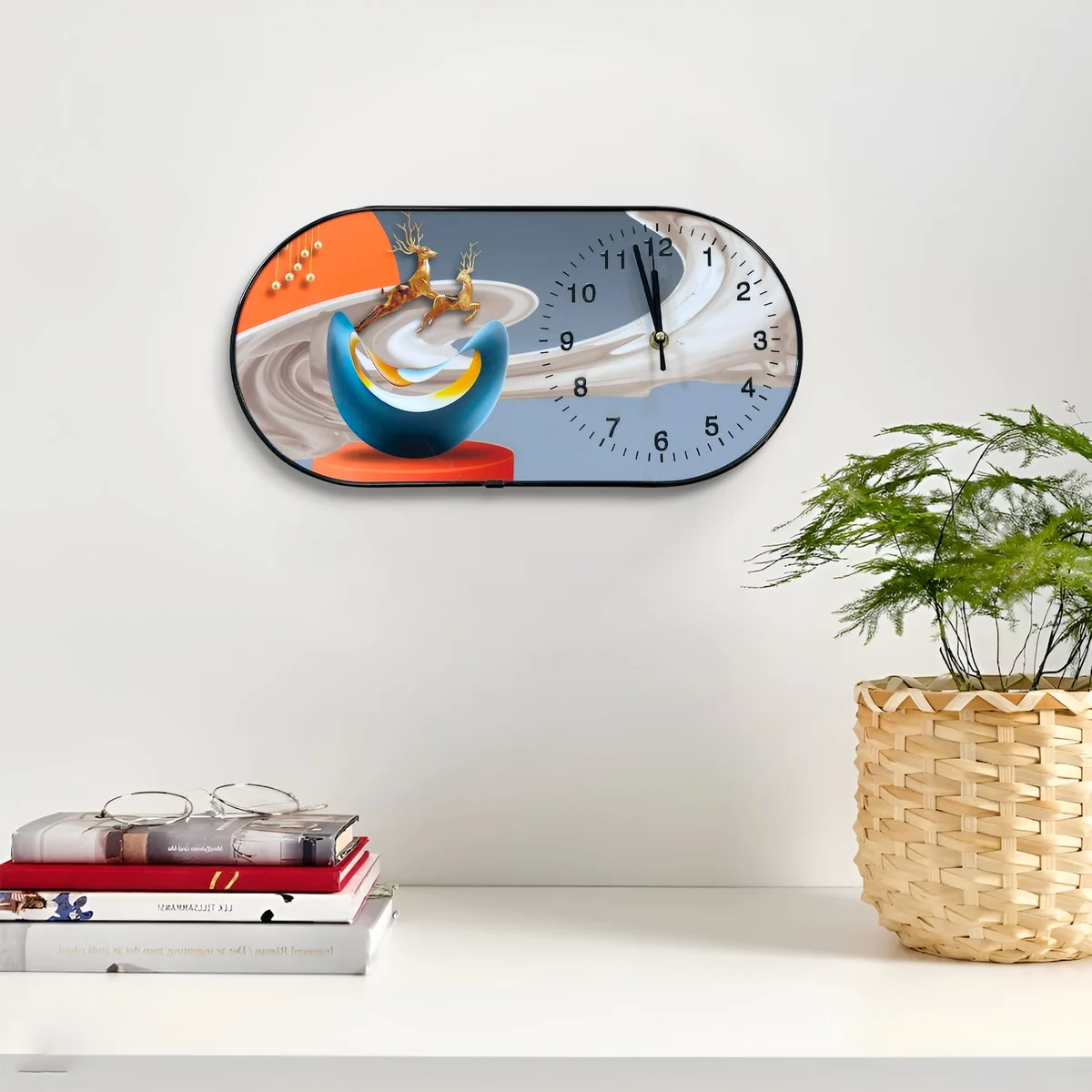 Oval decorative wall clock with painted floral porcelain dial and crystal accents in vintage style