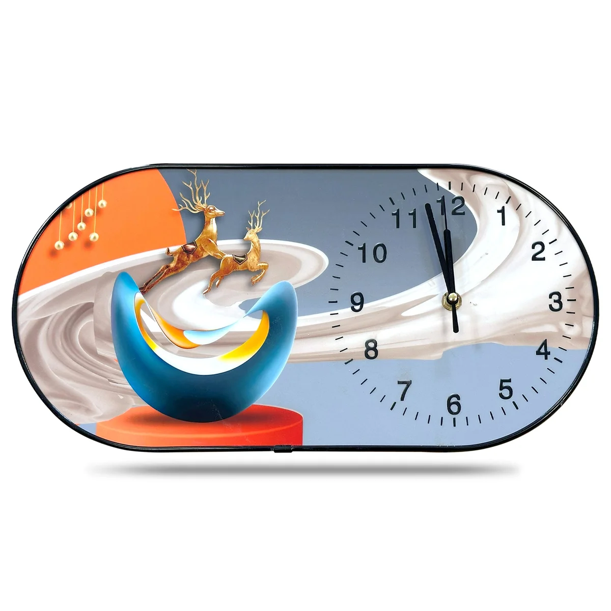 Oval painted porcelain clock with floral motifs, crystal accents, and clear analog numerals on an elegant wall display