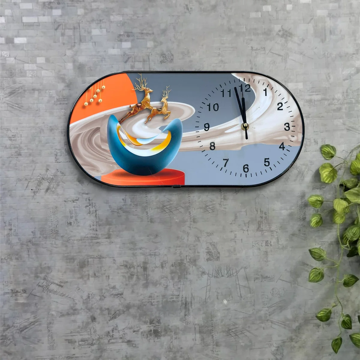 Oval vintage style clock with painted floral porcelain dial and crystal accents on a white background