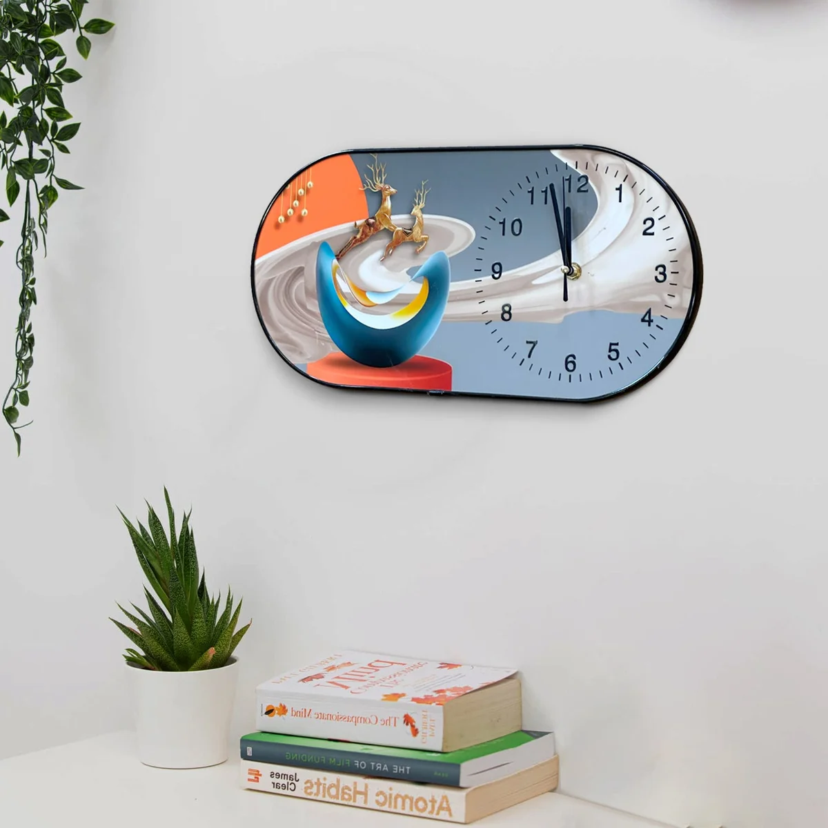 Oval decorative wall clock with painted floral porcelain dial and crystal accents, vintage style for home décor