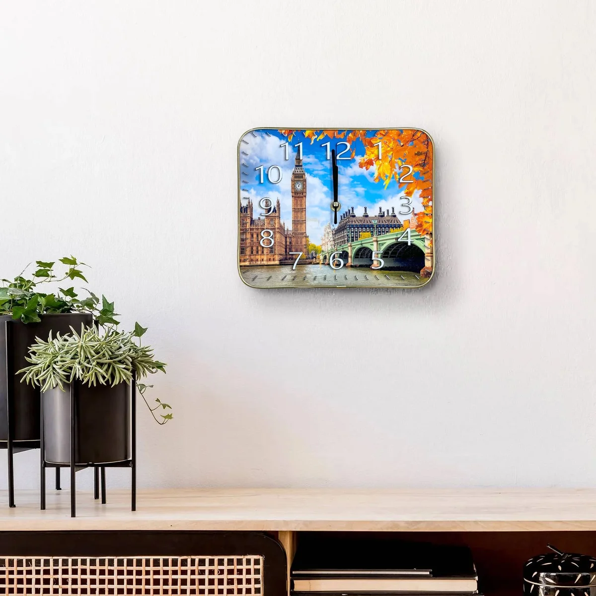 Rectangle vintage wall clock displaying London Big Ben art on plastic face