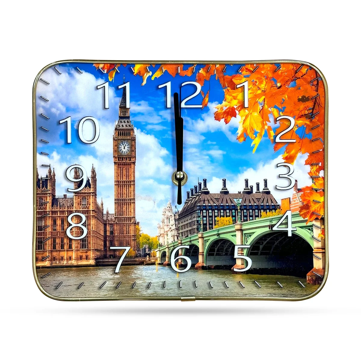Large analog clock showing London Big Ben crystal porcelain face on a rectangular plastic frame