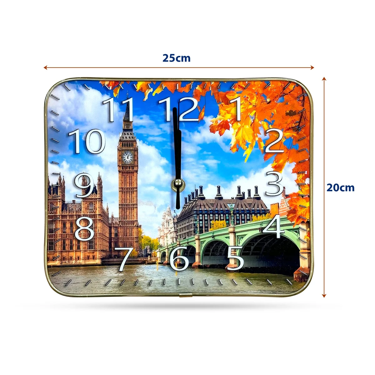 Rectangle wall clock featuring London Big Ben crystal porcelain painting, plastic case, large analog numbers, vintage style
