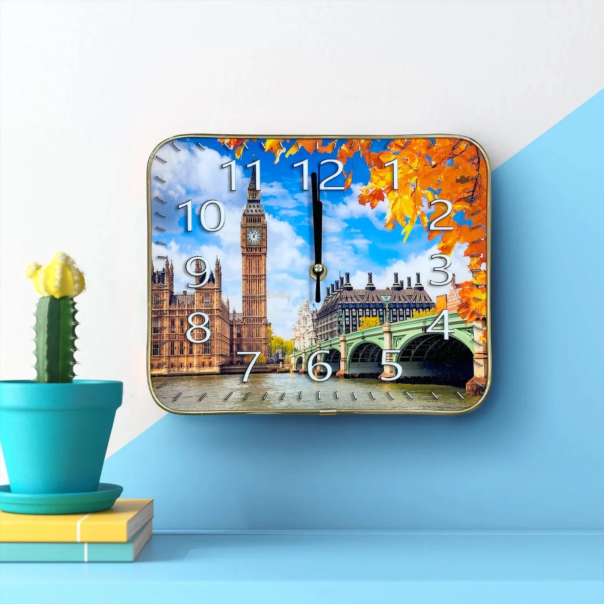 Rectangular plastic wall clock with London Big Ben design, vintage face, large analog numbers, 25 cm × 20 cm