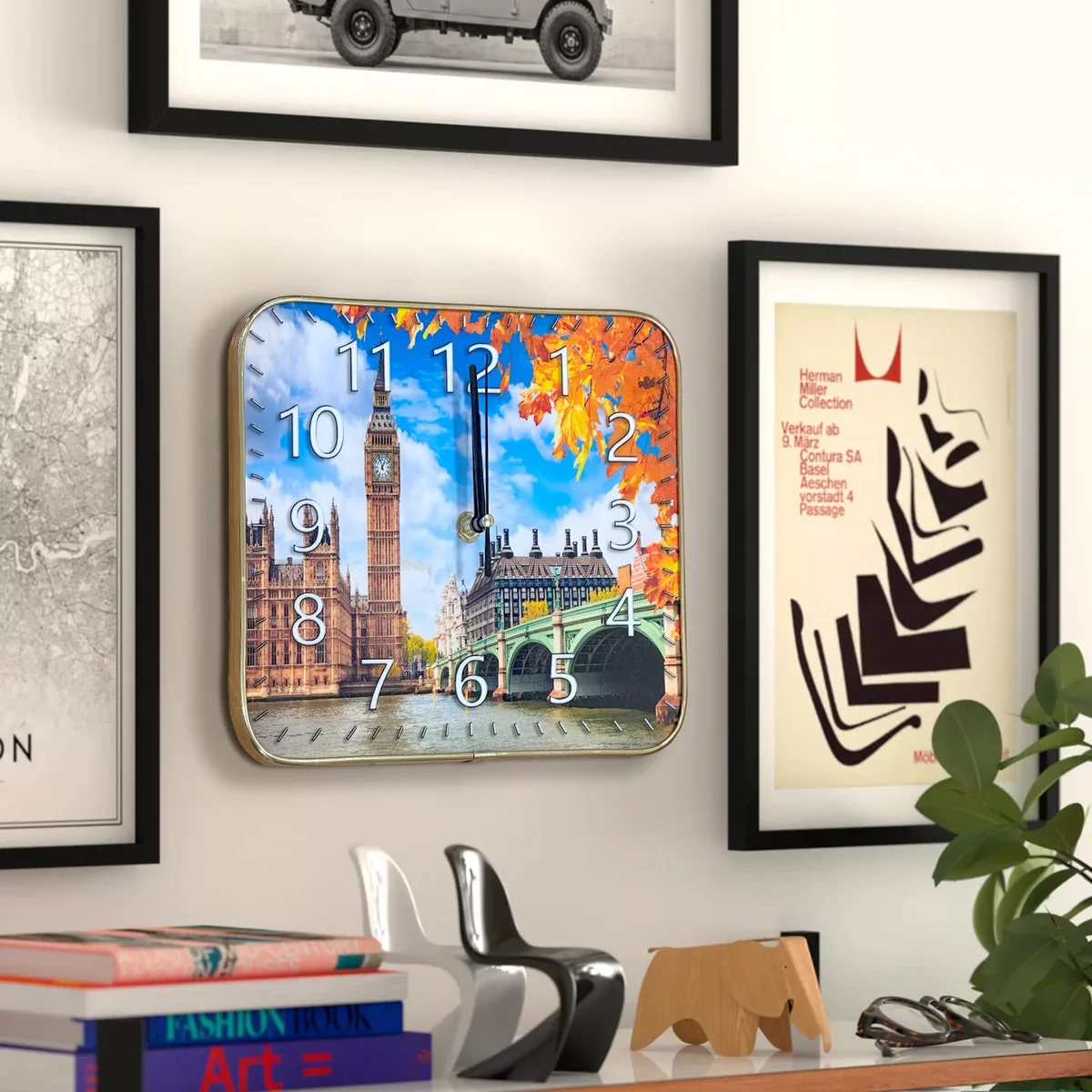 Indoor decorative clock with a rectangular London Big Ben crystal painting on a plastic face