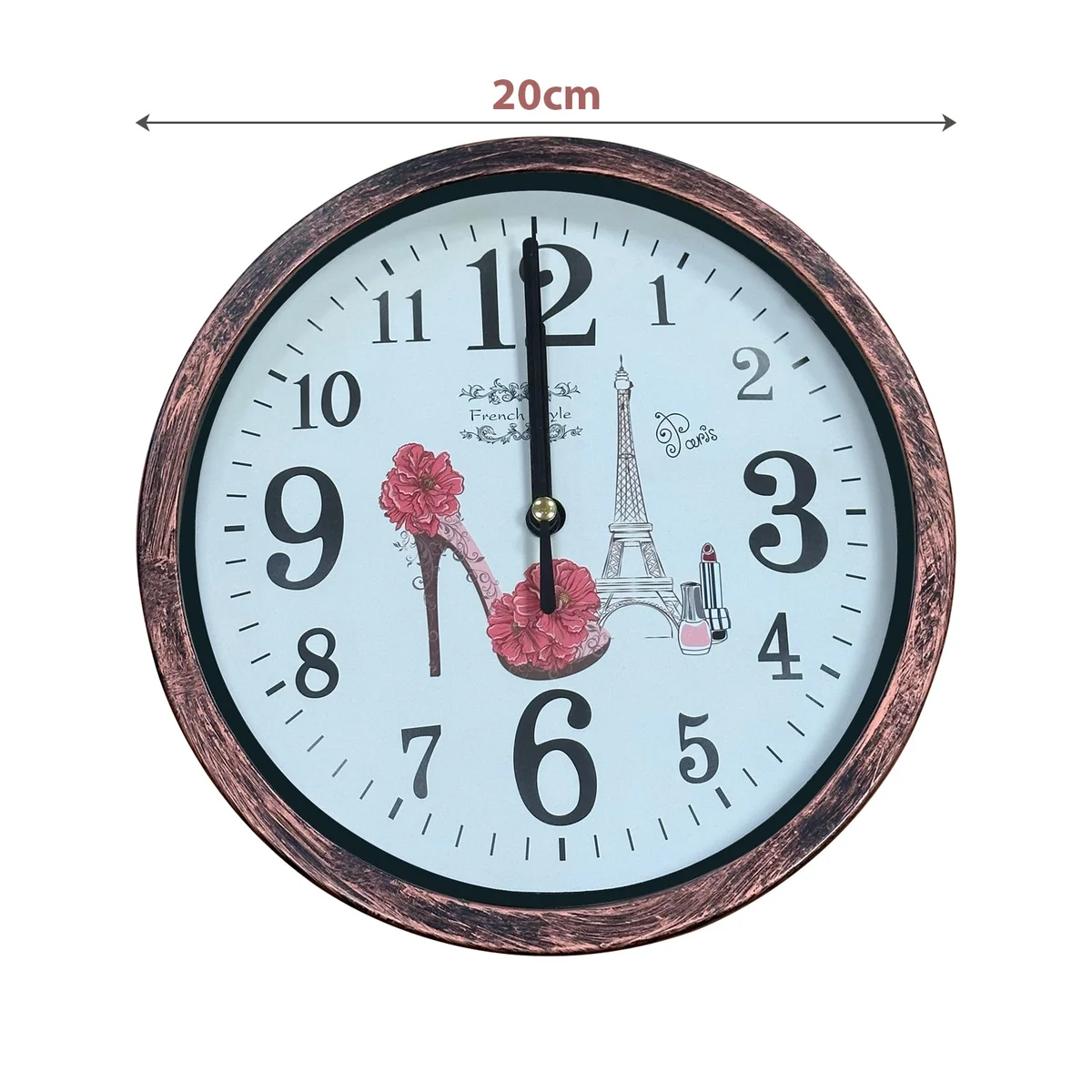 Round shabby chic wooden wall clock with distressed patchwork frame and vintage analog face on white background