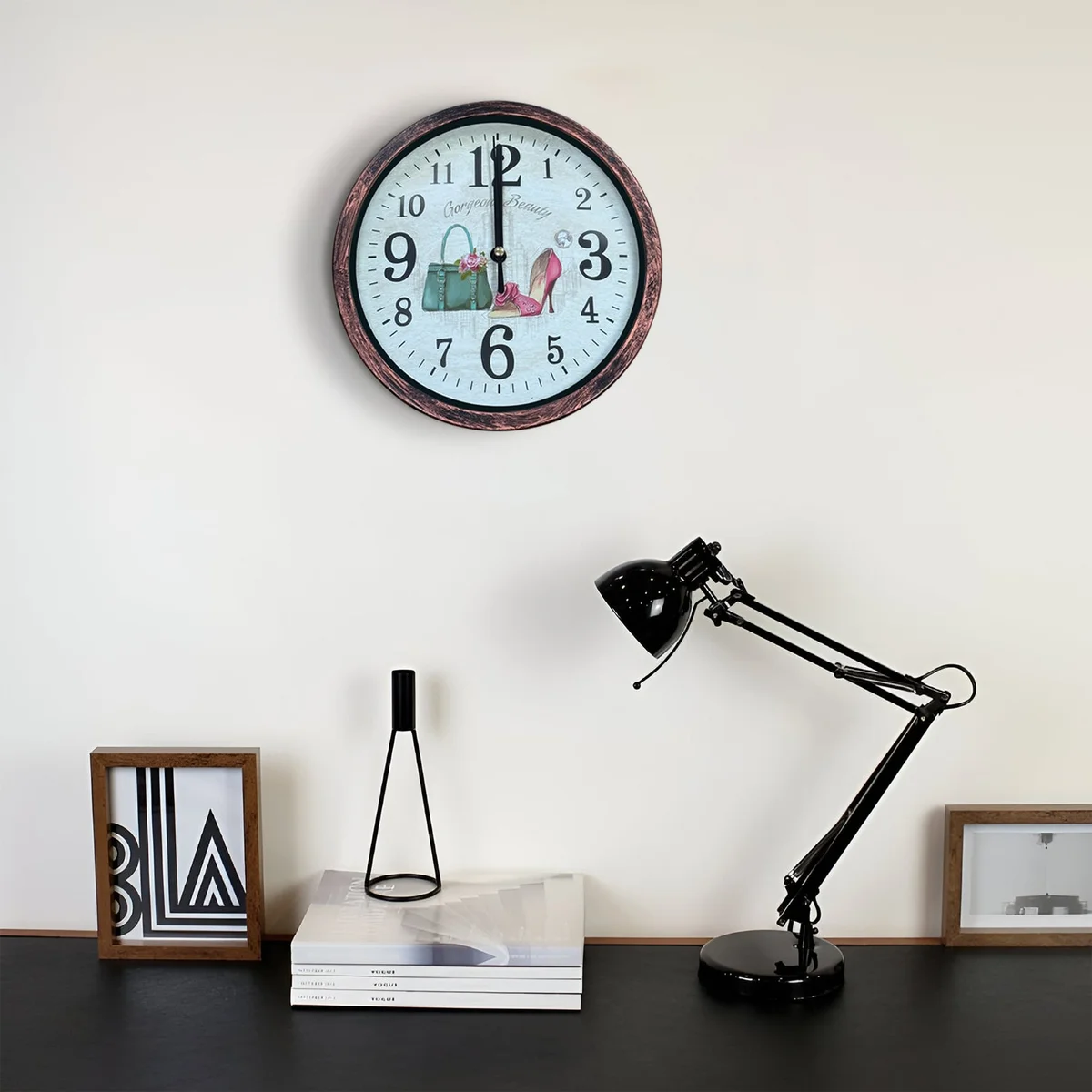 Round shabby chic wooden wall clock with distressed patchwork frame and clear hands, battery powered clock on white wall