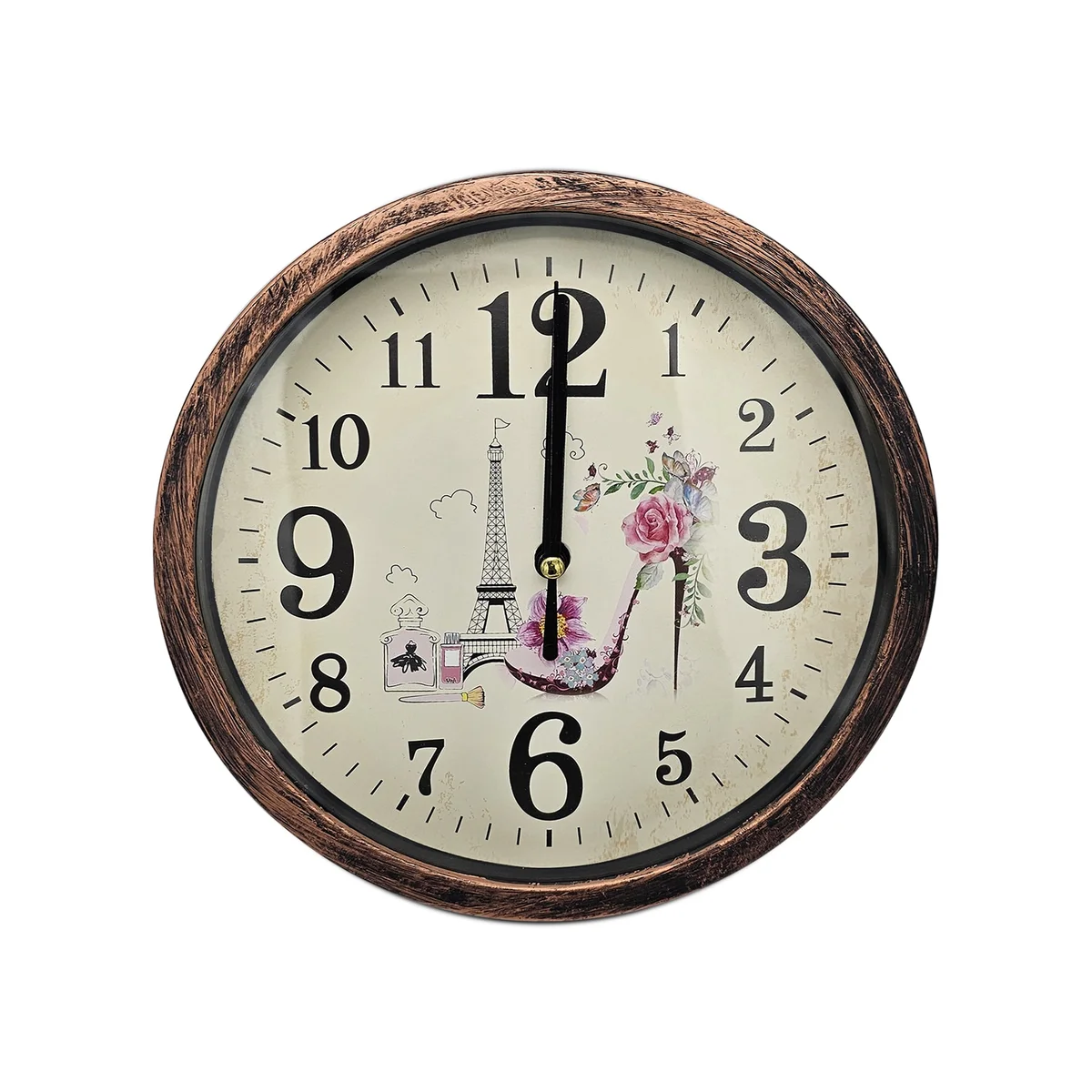 Round analog clock with distressed wooden patchwork frame and vintage shabby chic design on white background
