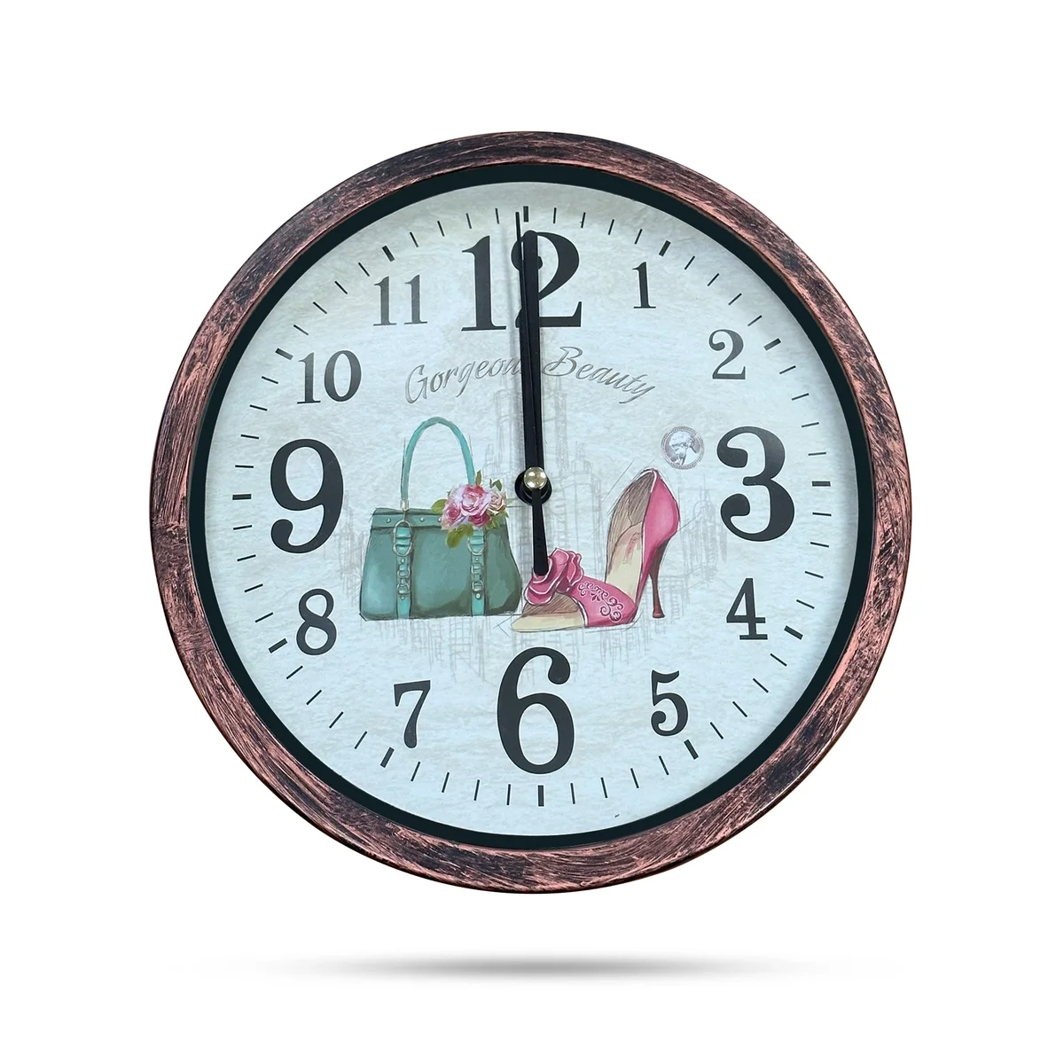 Round shabby chic distressed wood clock with patchwork frame and vintage weathered finish on white wall background