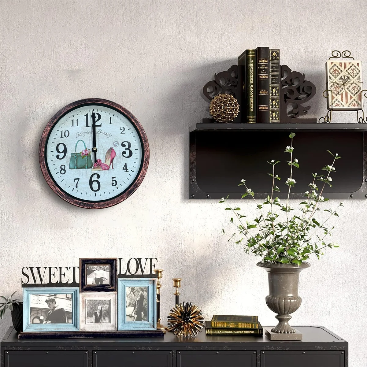 Round shabby chic wall clock with distressed wooden patchwork frame and vintage non-faded colors on white background