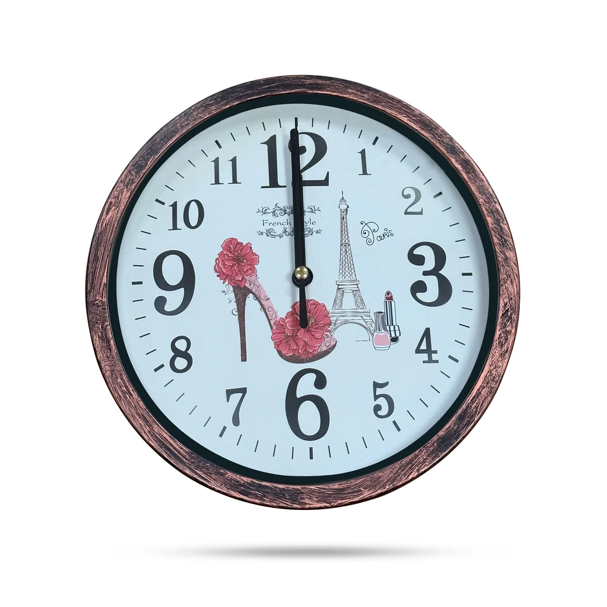 Round shabby chic wall clock with distressed wooden patchwork frame and black hands on white background