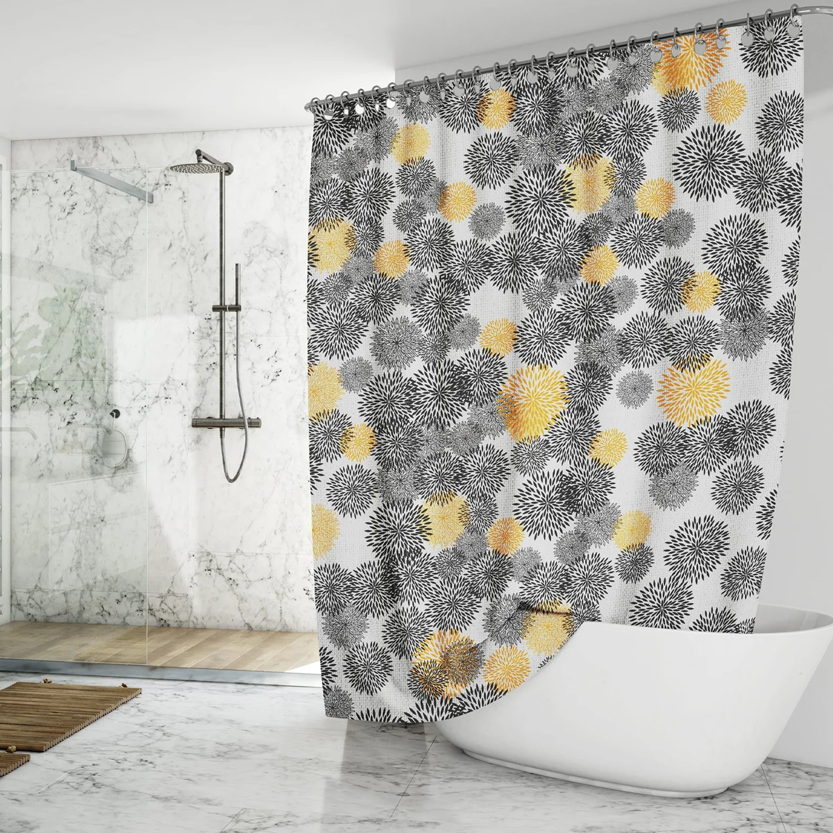 Floral shower curtain with modern floral print in natural colors hanging on bathtub shower rod, waterproof EVA material
