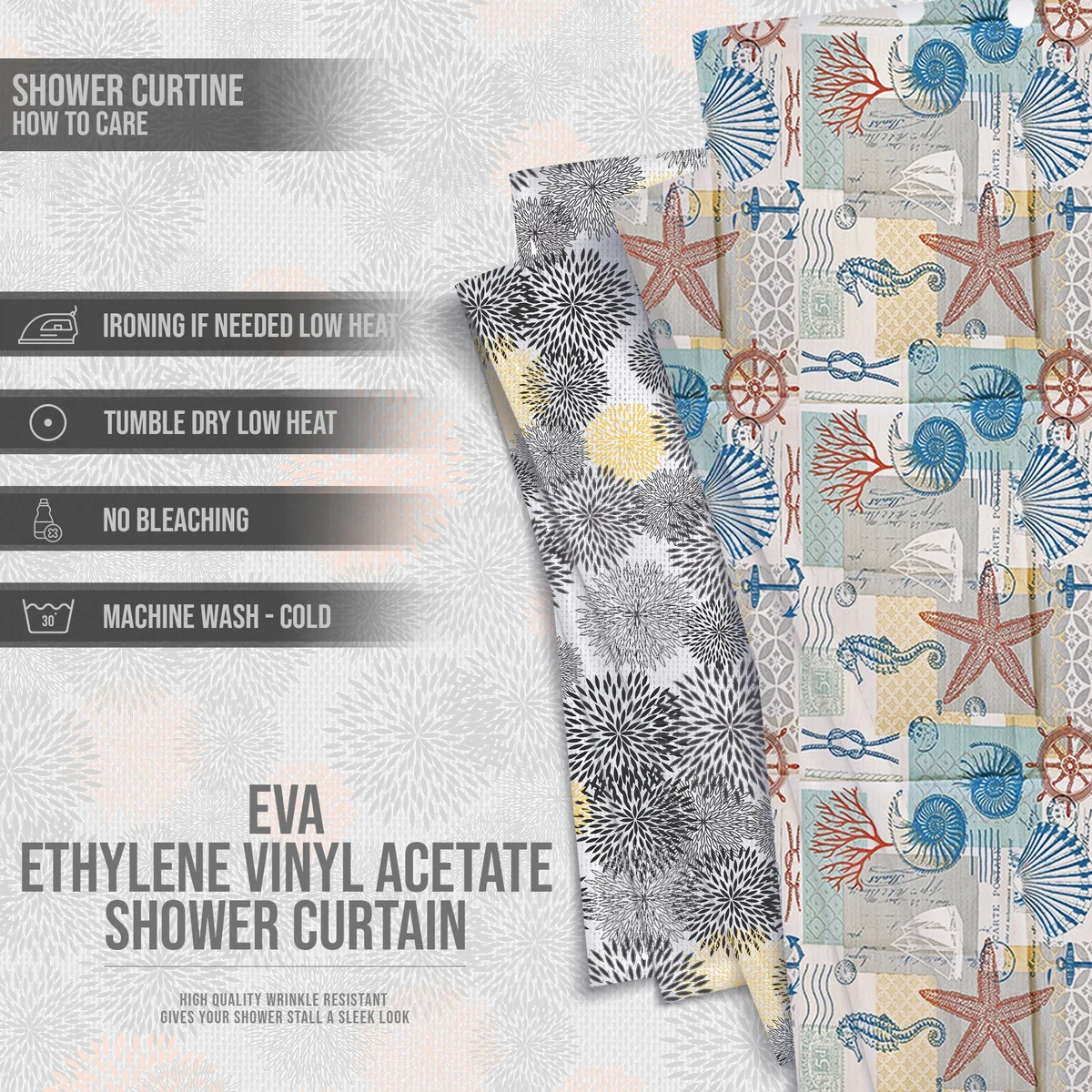 Floral print waterproof shower curtain in natural colors hanging in a bathroom, 180x180 cm, with hooks included