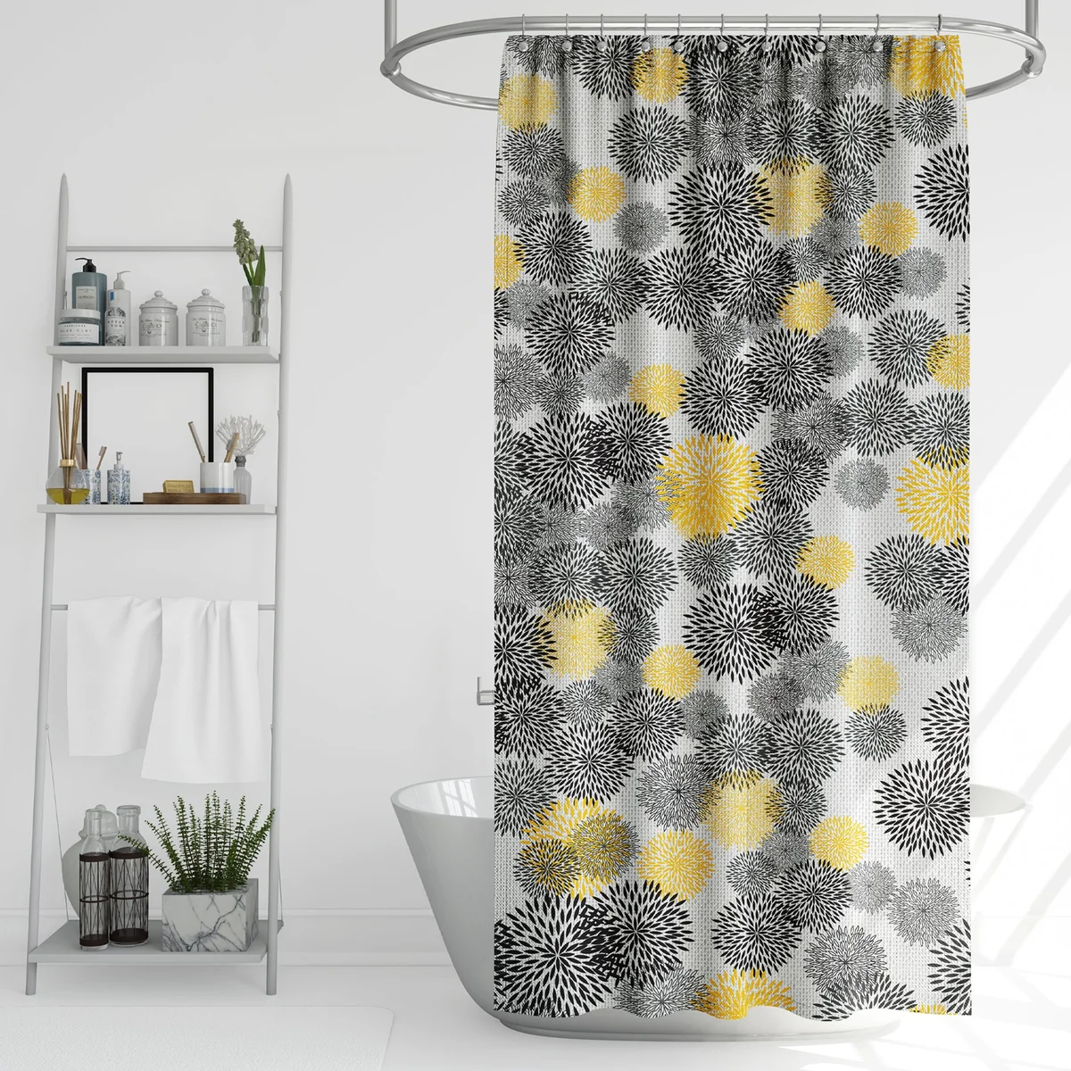 Floral print solid EVA bathtub shower curtain hanging with free hooks, showcasing natural colors and waterproof material