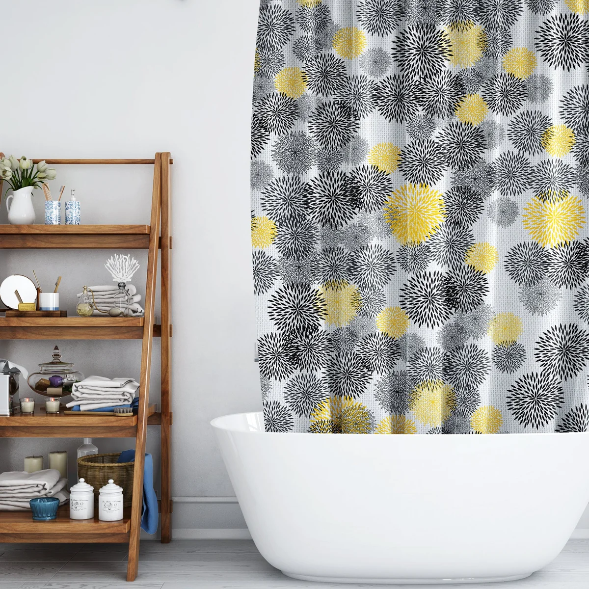 Floral print mildew resistant shower curtain made of waterproof EVA material hanging in a bathroom setting