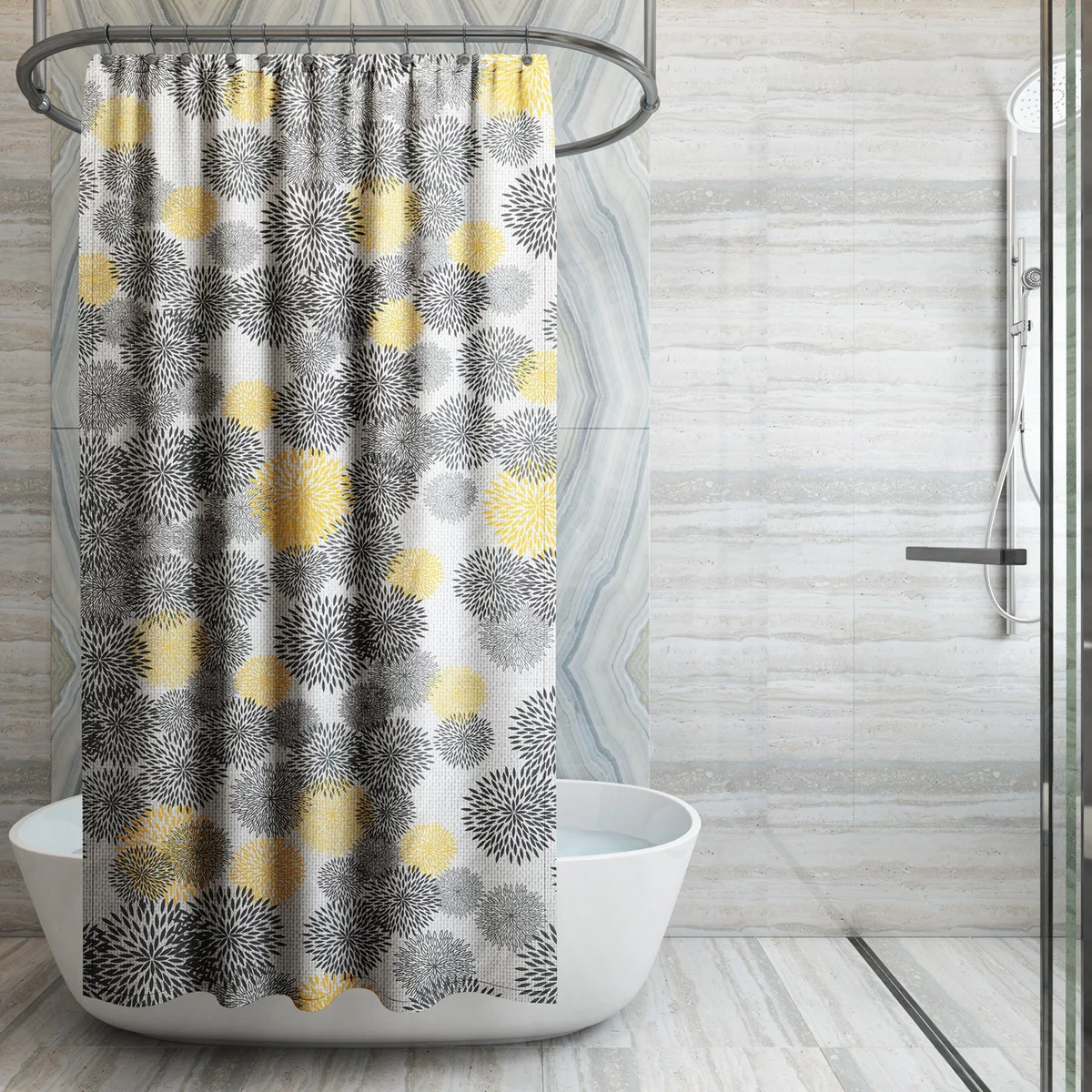 Floral shower curtain with natural colors and modern floral print hanging in a bright bathroom setting