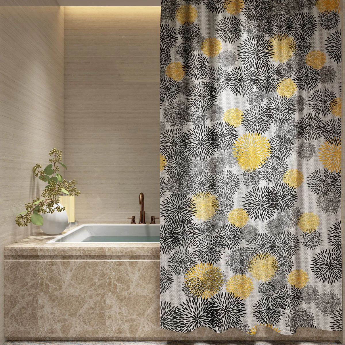 Floral shower curtain with natural colors and floral print hanging in a bathroom, made from waterproof EVA material