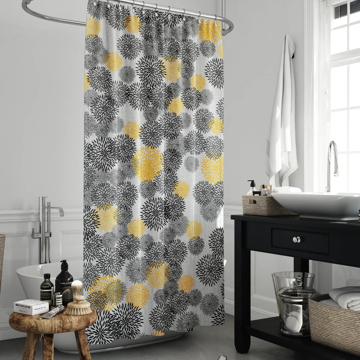 Floral shower curtain with natural colors and floral print hanging in a bathroom, made of waterproof EVA material