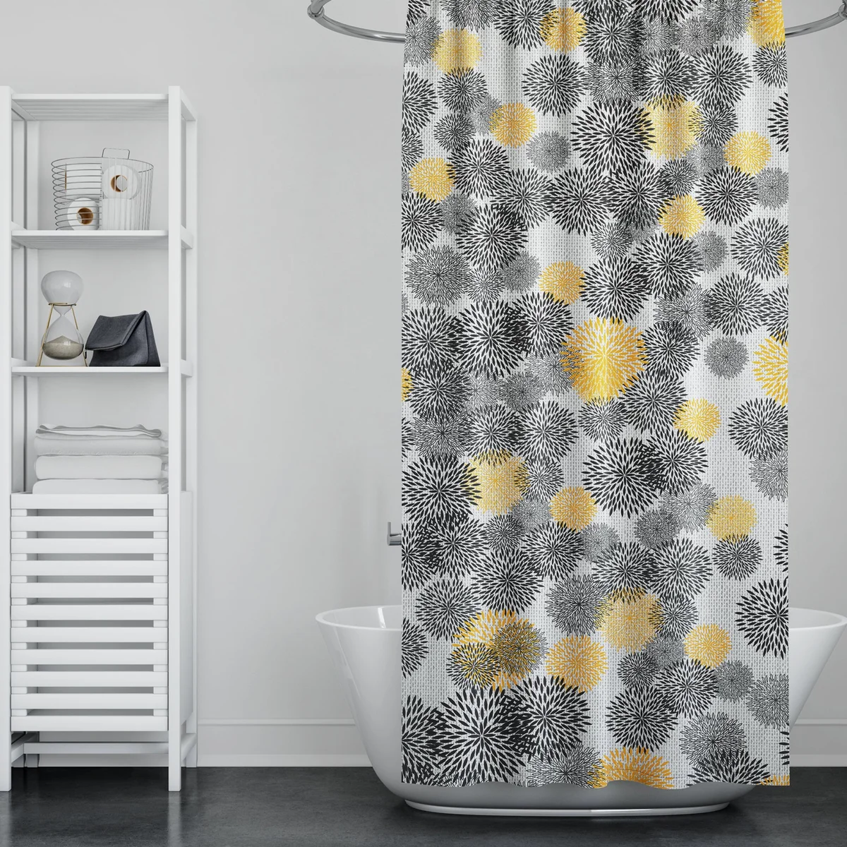 Floral shower curtain with modern floral print in natural colors hanging in a bathroom, made of waterproof EVA material