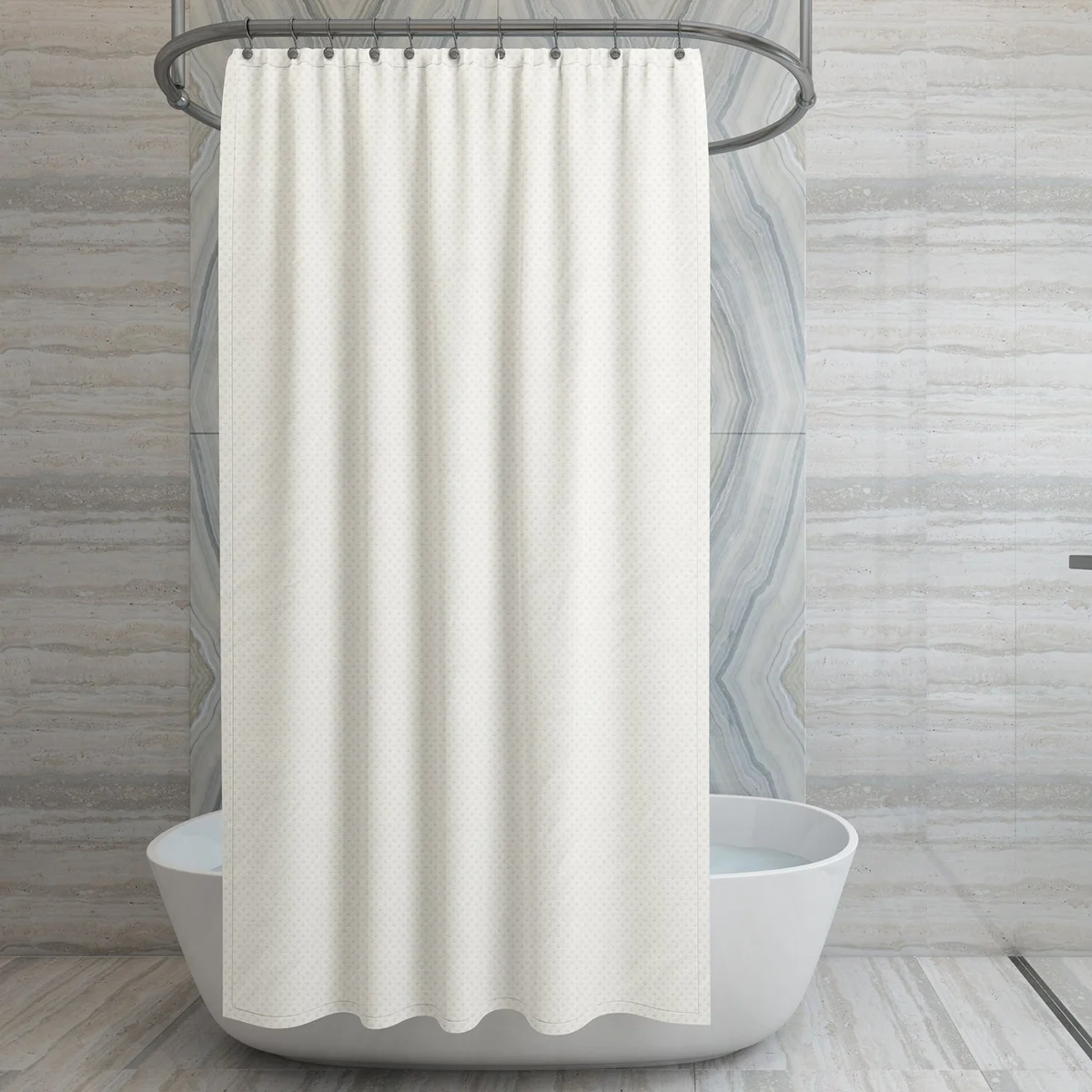 EVA shower curtain with nature-inspired design, waterproof and mildew-resistant, hanging in a bathroom setting