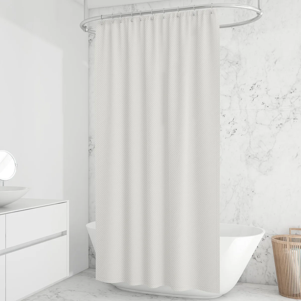 Waterproof shower curtain with nature-inspired design in soft colors, made from durable, quick-drying EVA material