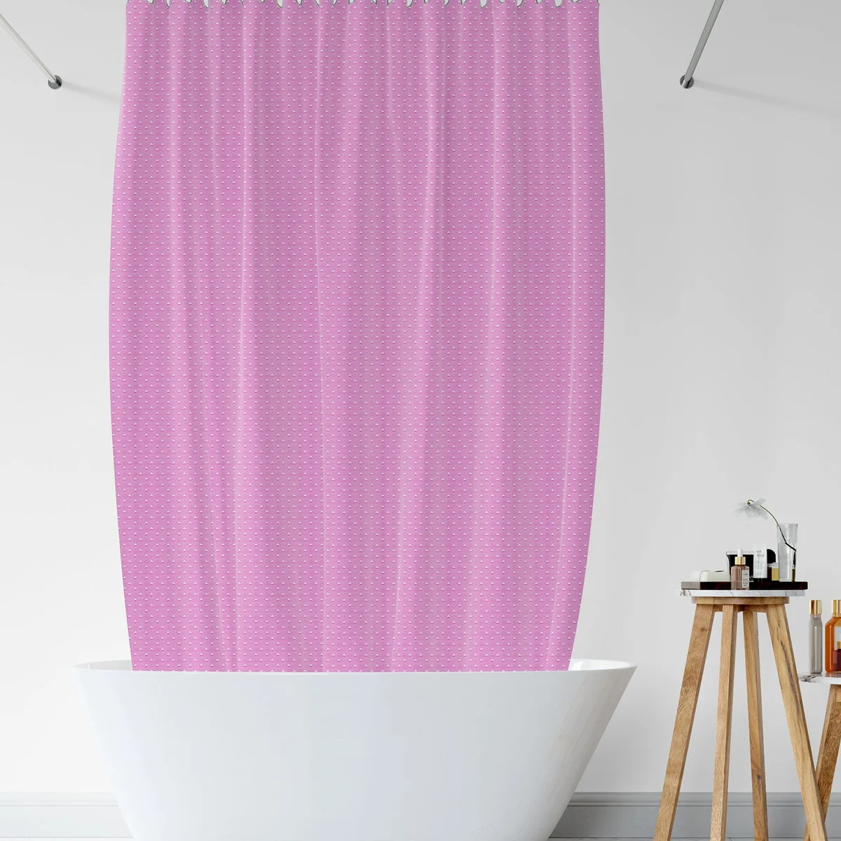 Mould proof shower curtain in soft nature colors made from durable, waterproof EVA material hanging in a bathroom setting