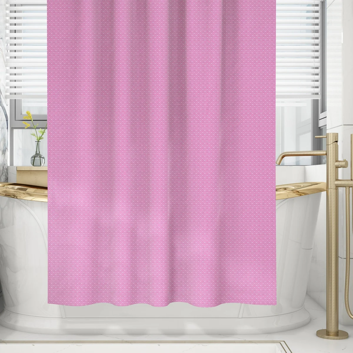 Quick drying shower curtain hanging in a bathroom, featuring a simple nature-inspired design in soft colors