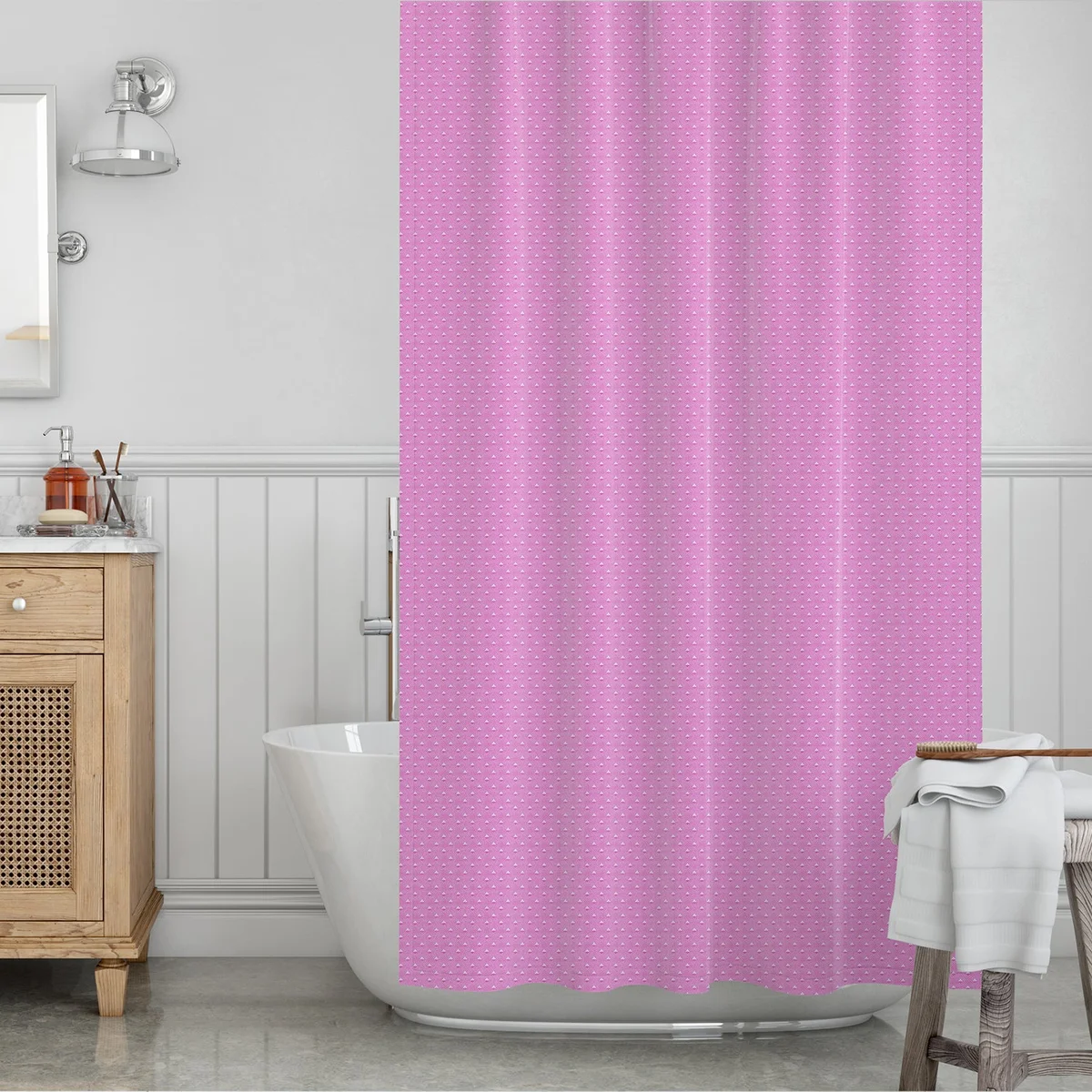 EVA shower curtain with nature-inspired design, waterproof and mildew-resistant, hanging in a bright bathroom setting