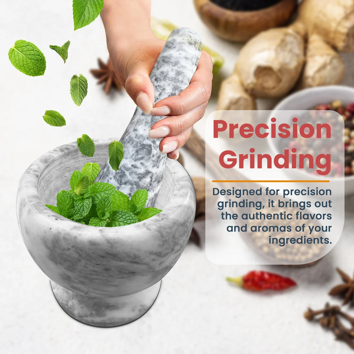 Natural marble mortar and pestle set with polished finish for grinding herbs and spices in a kitchen setting