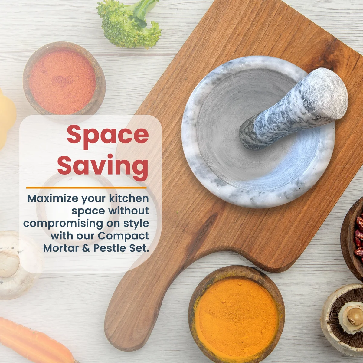 Polished marble mortar and pestle set with pestle resting inside bowl, ideal for grinding herbs and spices in kitchen
