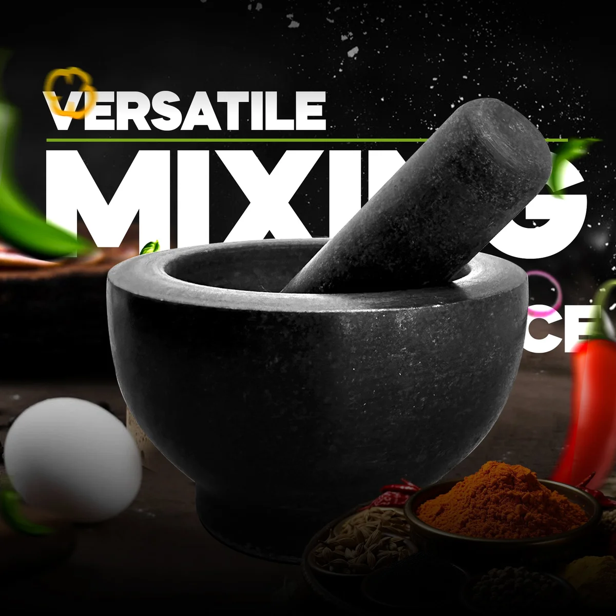 Black granite mortar and pestle set made from solid granite stone with polished finish on white background