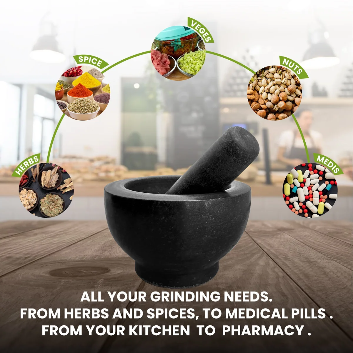 Black granite pestle and mortar set on white surface, perfect kitchen grinding tool for spices and herbs